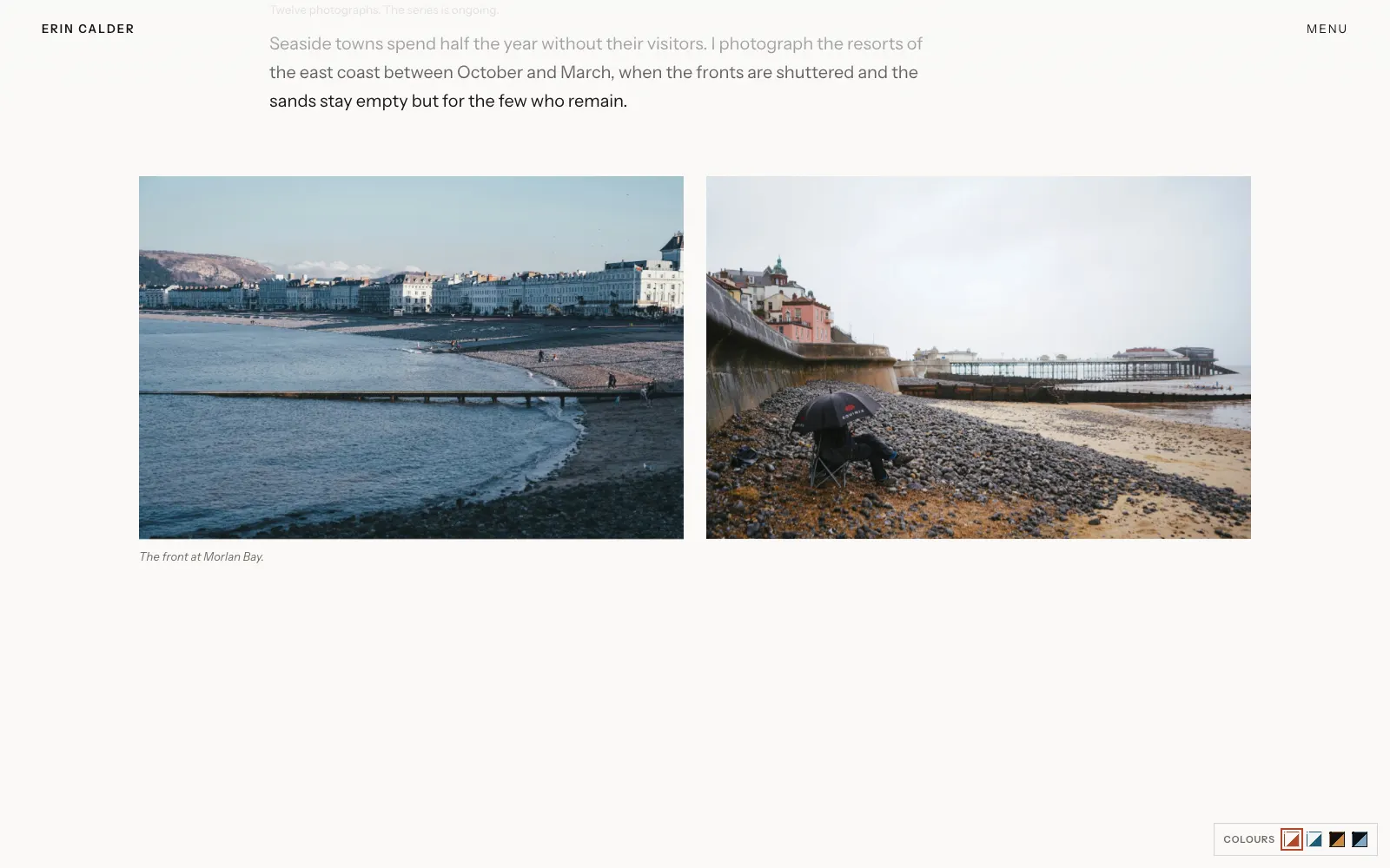 Calder photography gallery page with two off-season seaside photographs and an introductory caption