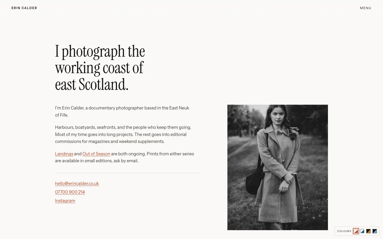 Calder about page pairing photographer bio text with a black and white portrait photograph