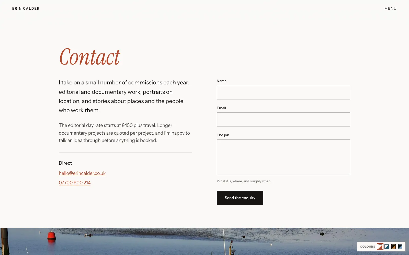Calder contact page with a commission enquiry form asking for name, email and job details