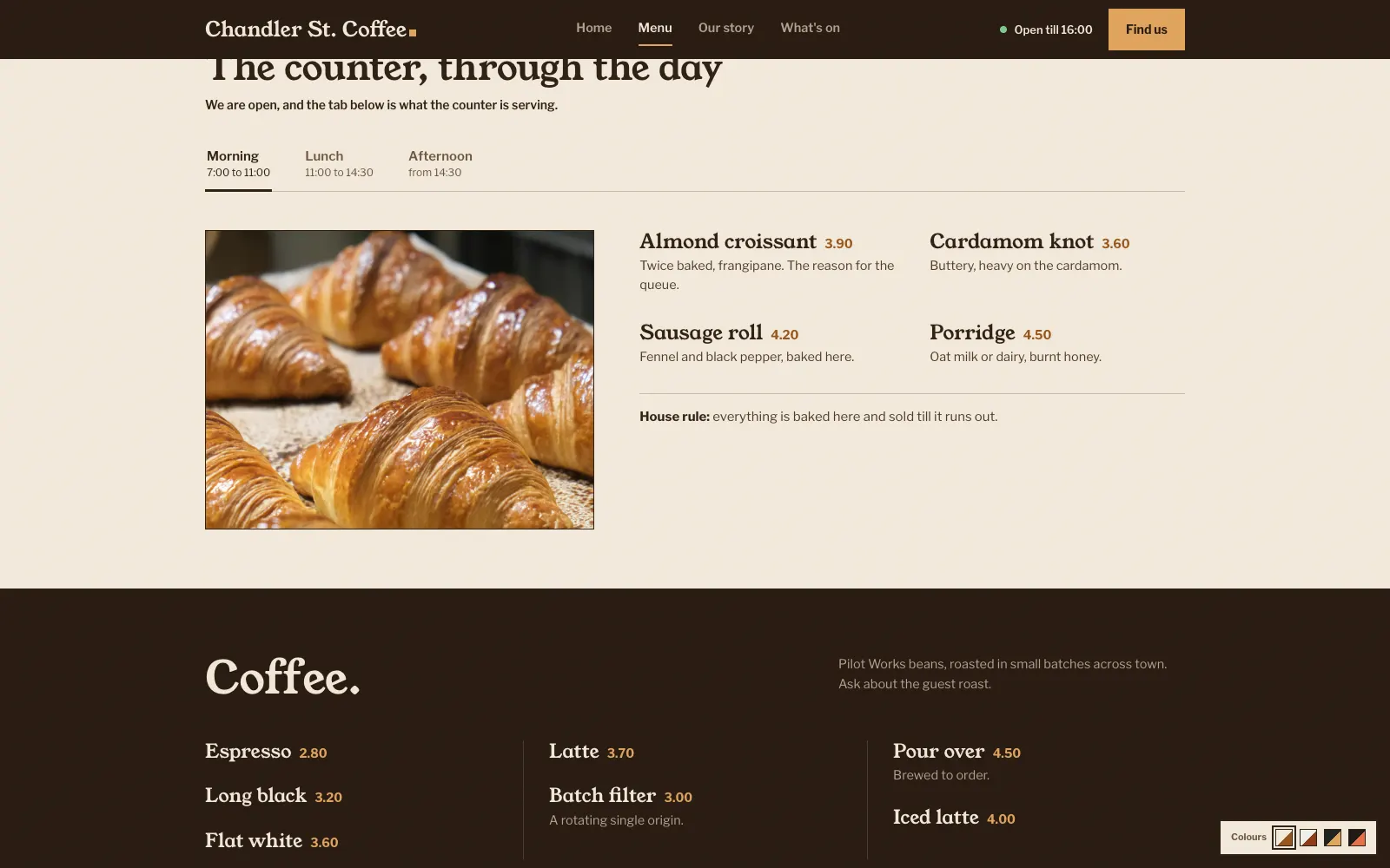 Chandler menu page listing morning pastries and coffee prices under tabs for morning, lunch and afternoon