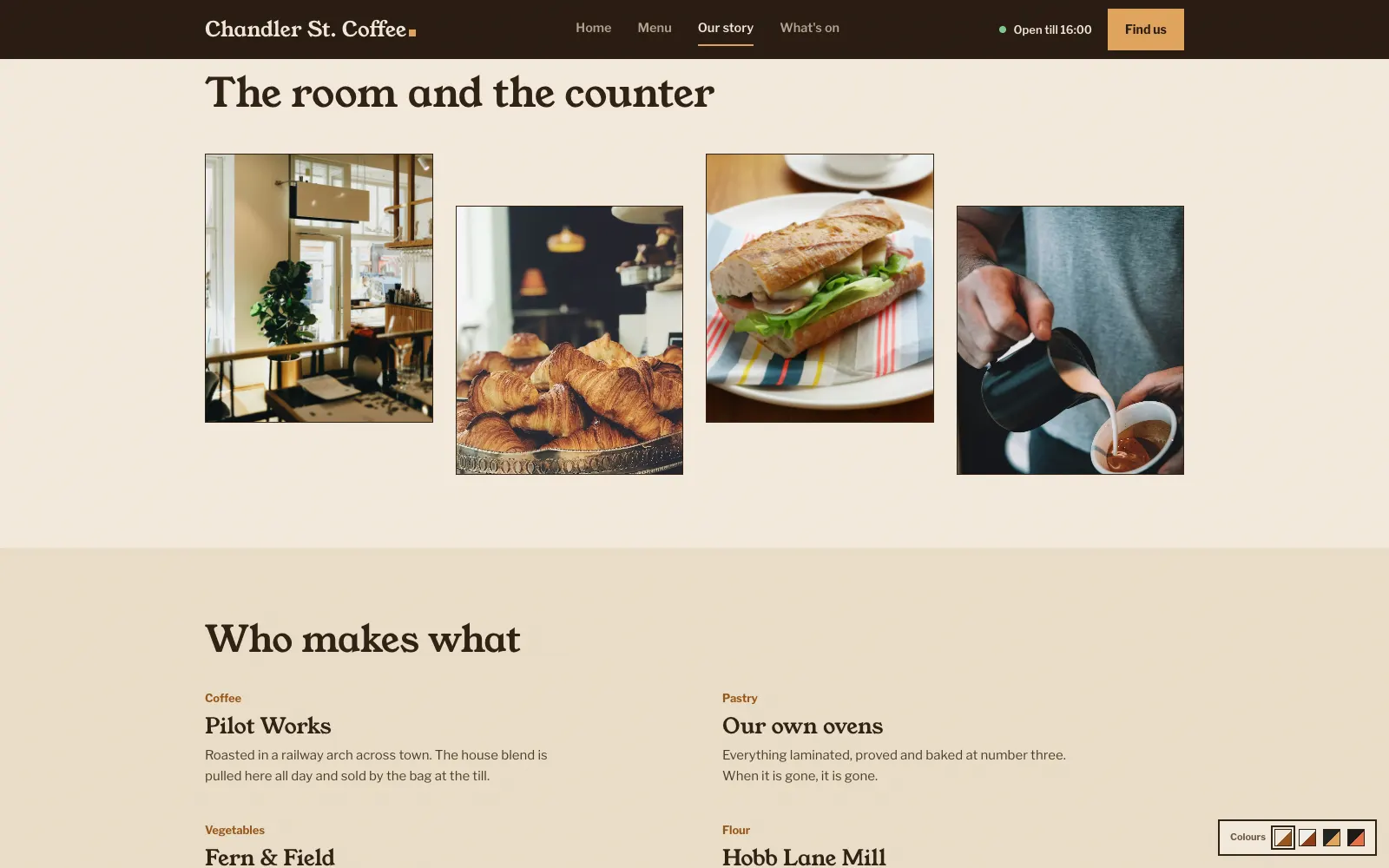 Chandler story page with a photo grid of the cafe interior and a Who makes what supplier list