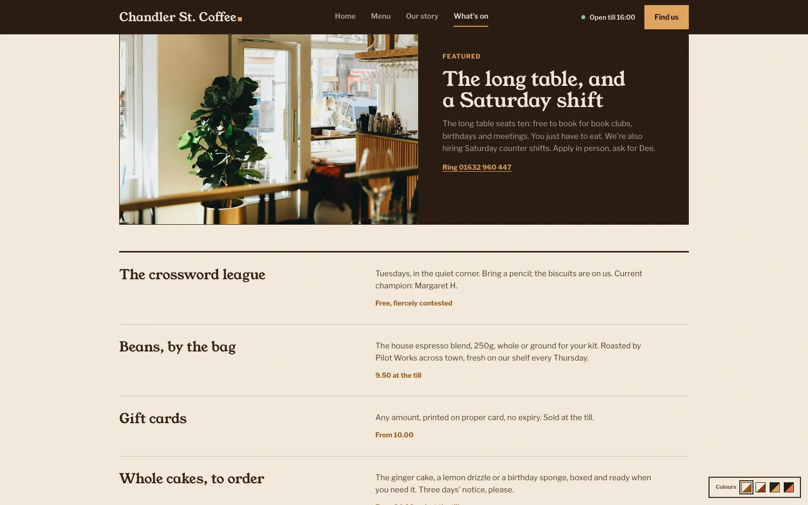 Chandler what's on page featuring the long table hire and a list of events like the crossword league