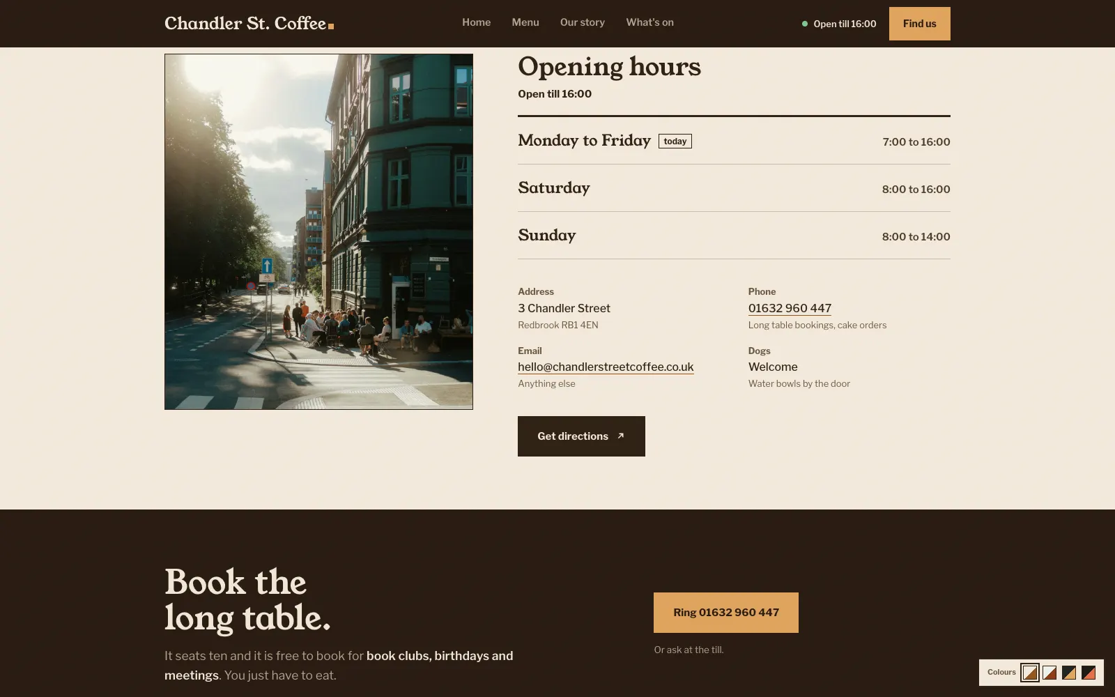 Chandler visit page showing opening hours, address details and a Book the long table banner