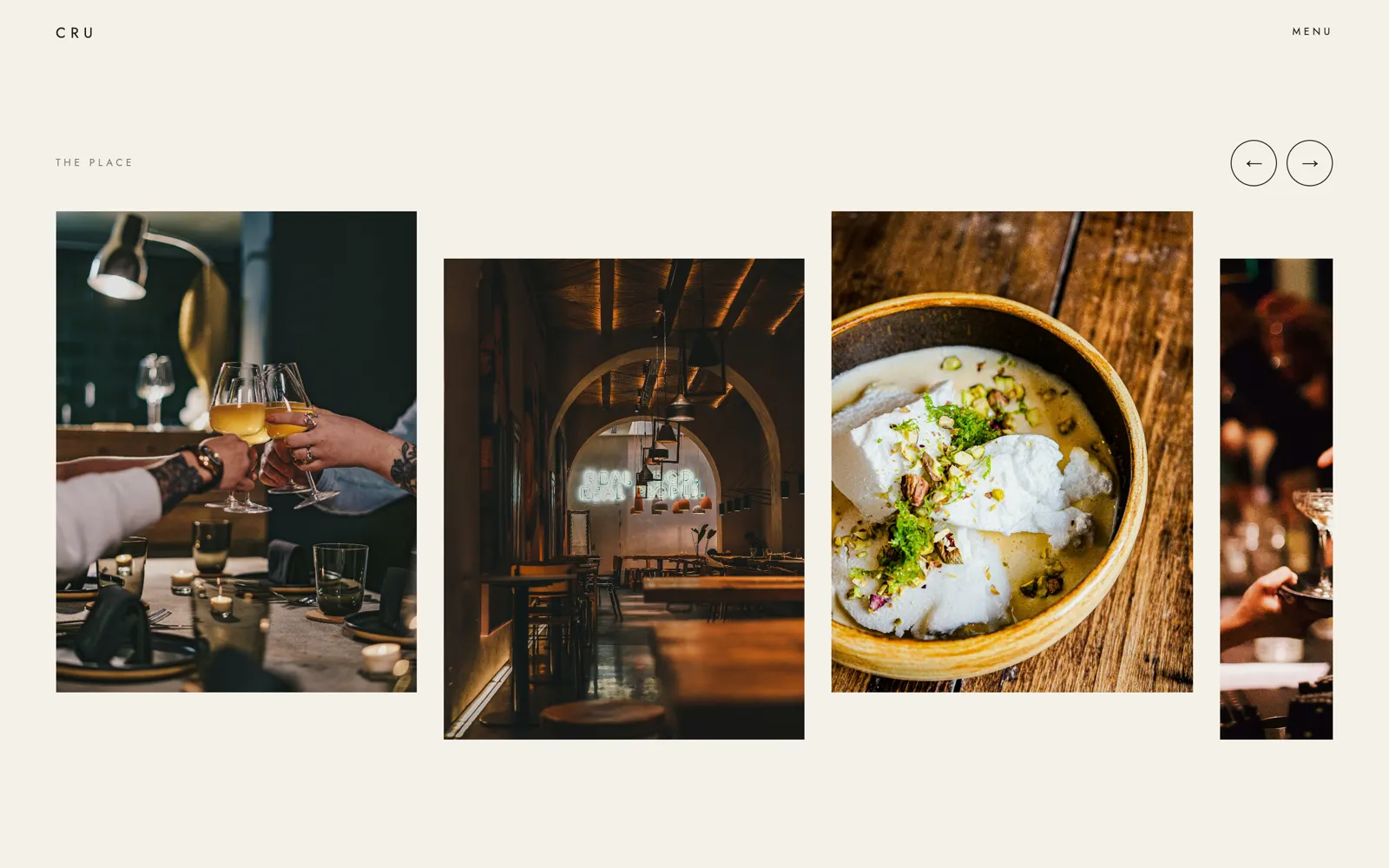 CRU photo gallery titled The place, showing a toast, the neon-lit dining room and a plated dish