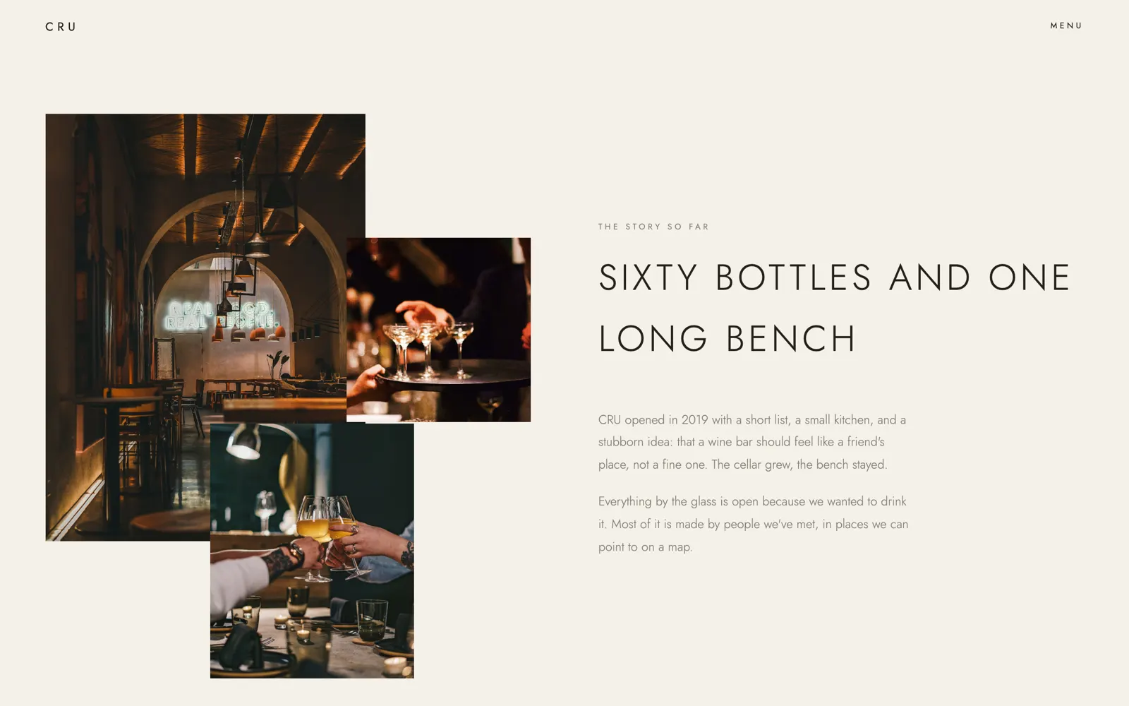 CRU about page telling the story behind the bar under the heading Sixty bottles and one long bench