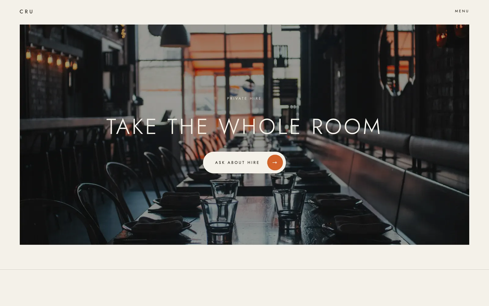 CRU private hire banner reading Take the whole room over a long table, with an Ask about hire button