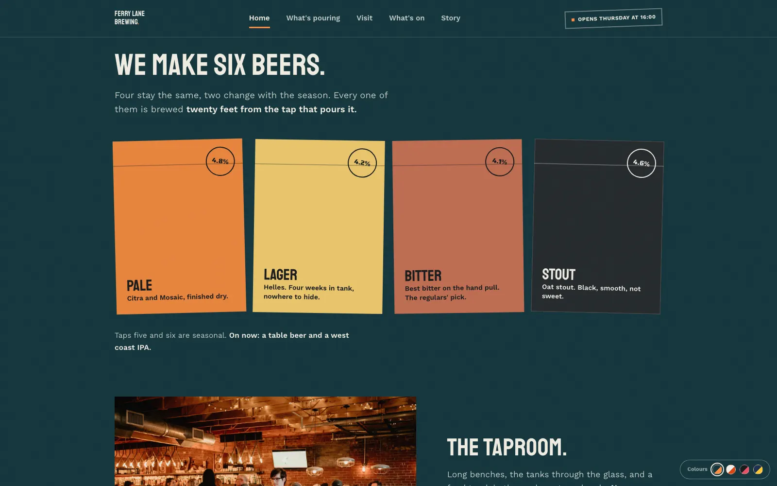 Ferry Lane homepage showing four beer cards, Pale, Lager, Bitter and Stout, each with its ABV