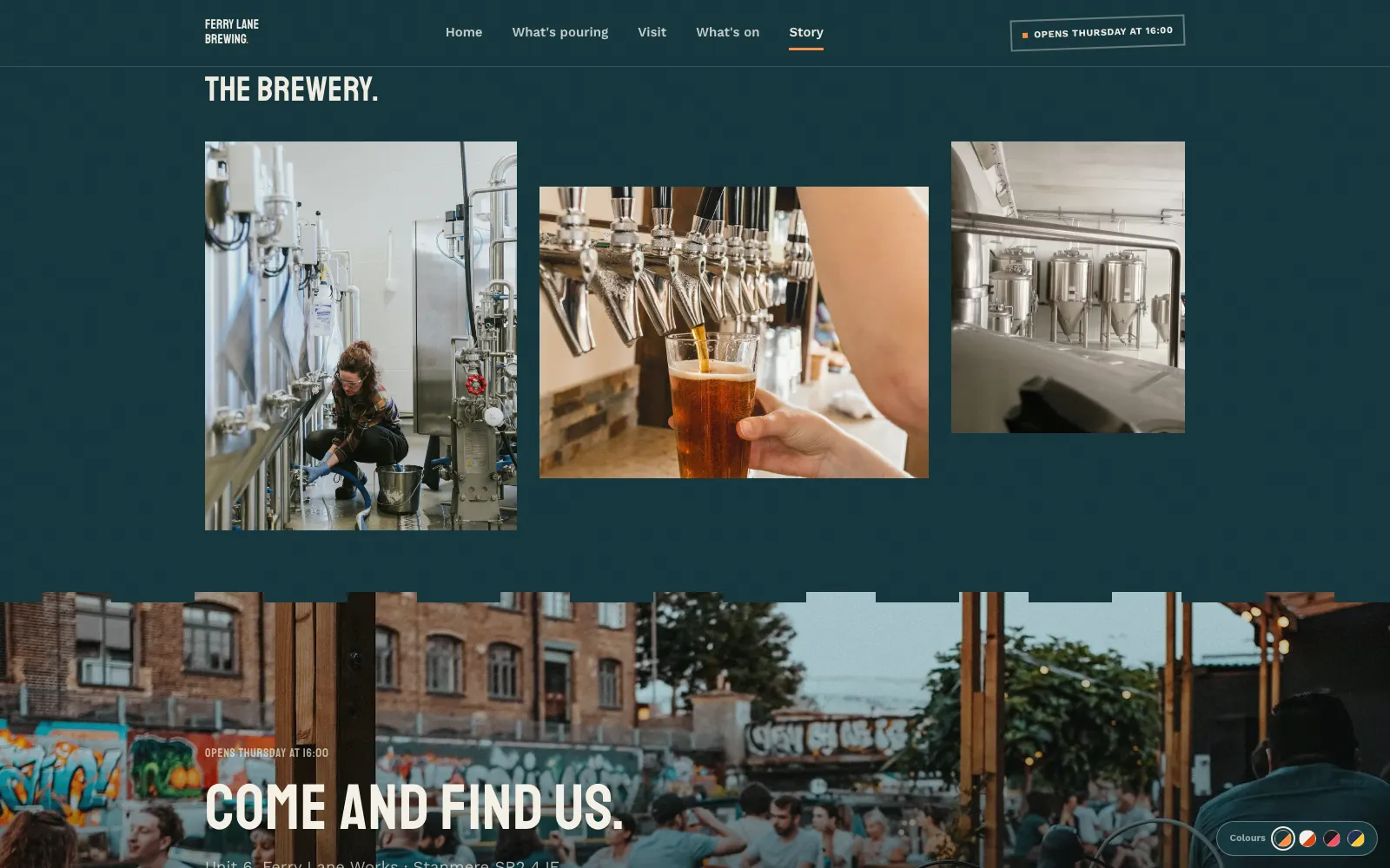 Ferry Lane story page with brewery photos and a Come and find us taproom banner
