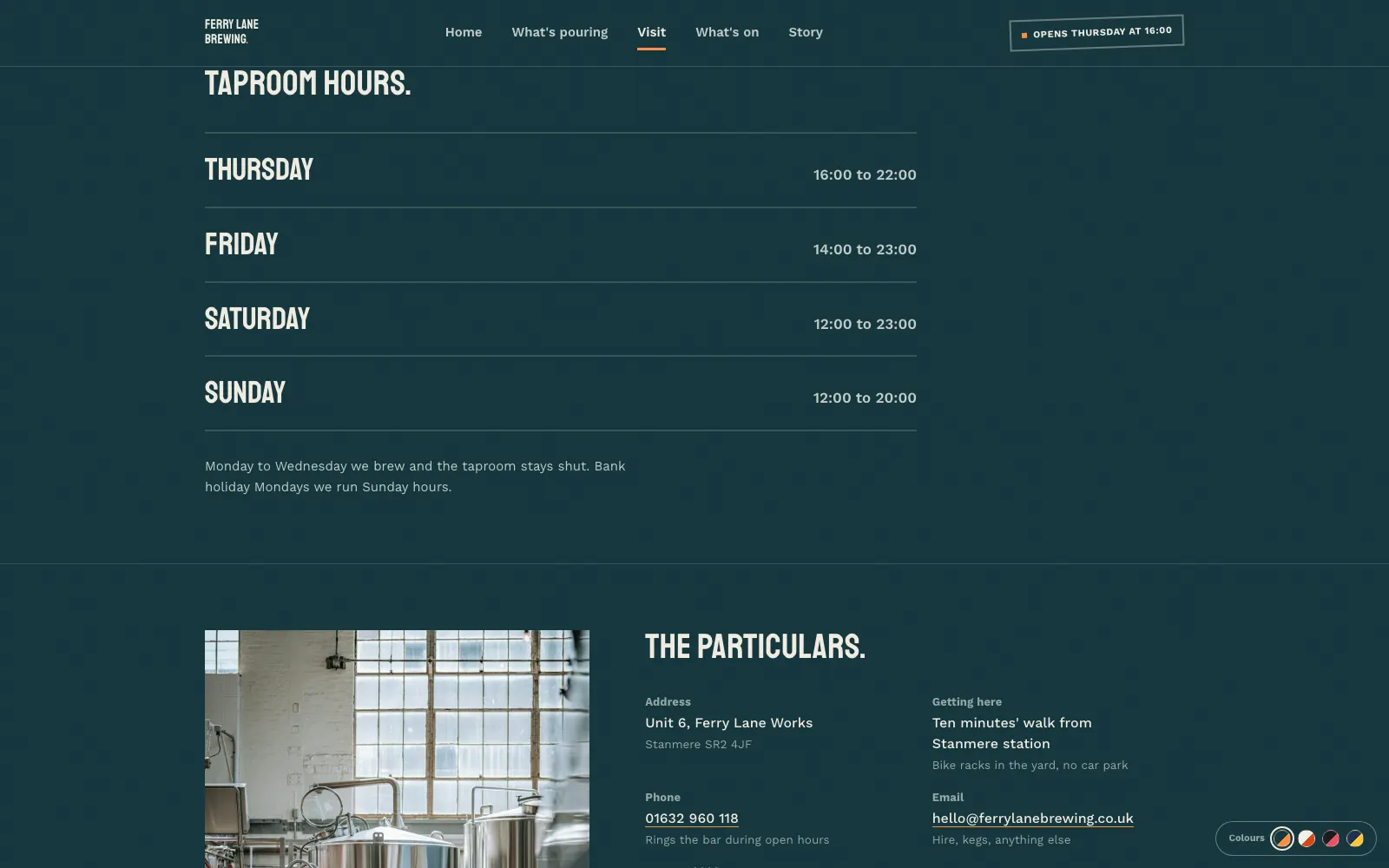 Ferry Lane visit page showing taproom hours and address details under The particulars