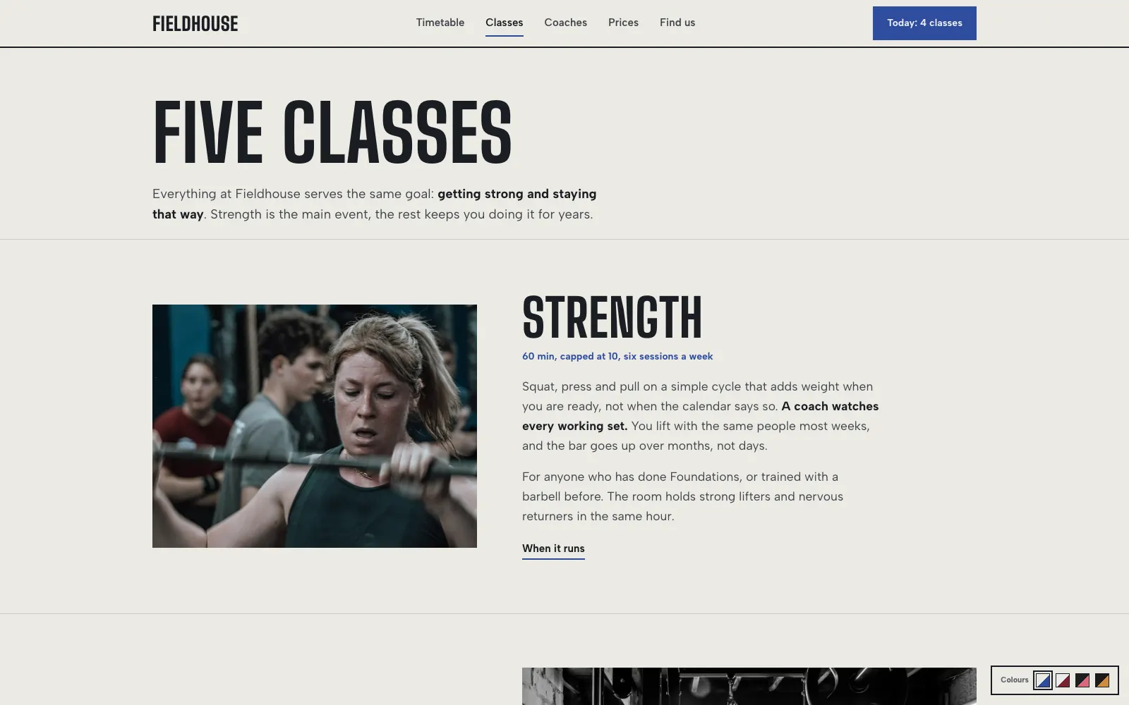 Fieldhouse class guide introducing the Strength session, capped at ten with every set coached