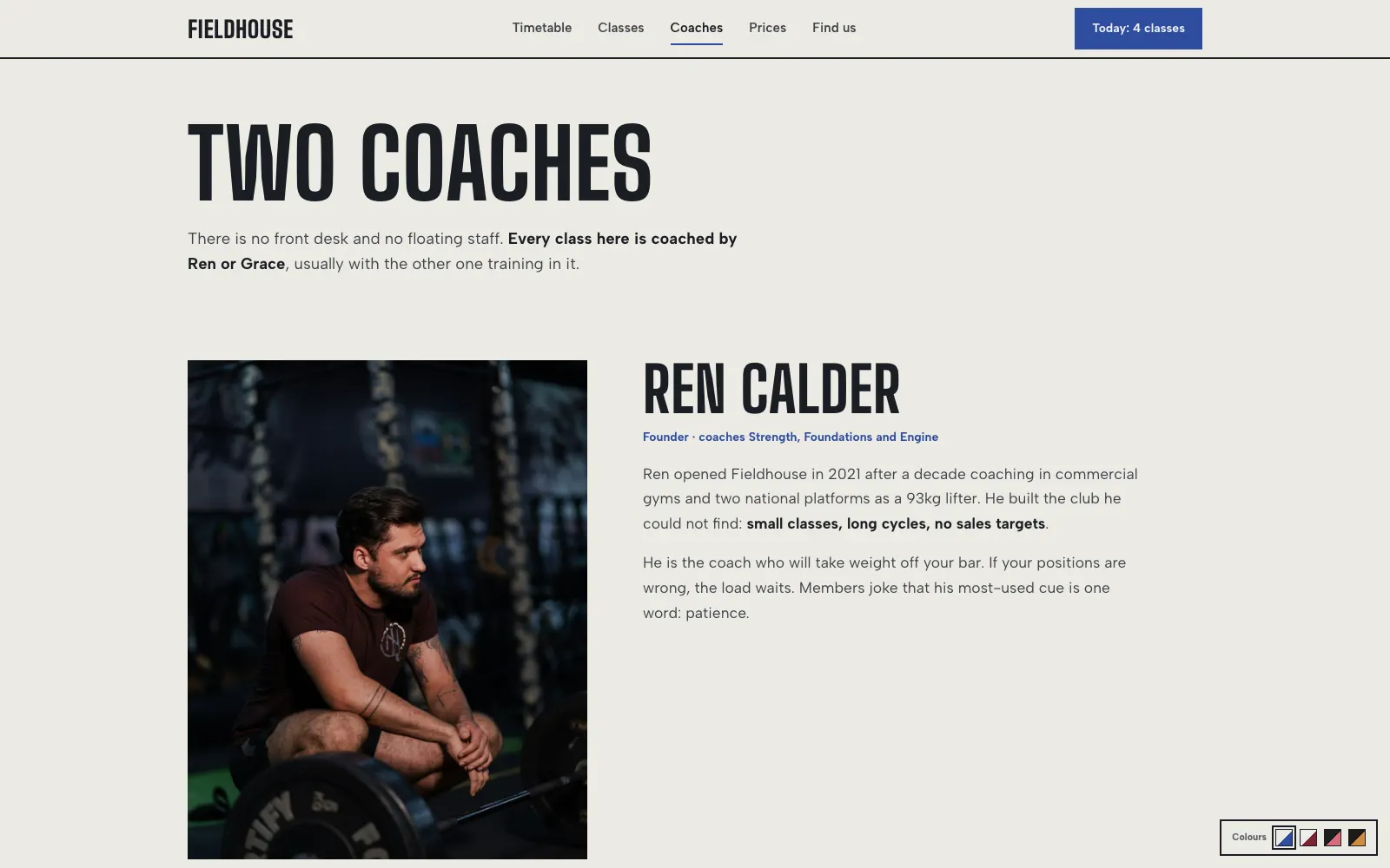 Fieldhouse coaches page profiling founder Ren Calder, who teaches Strength, Foundations and Engine