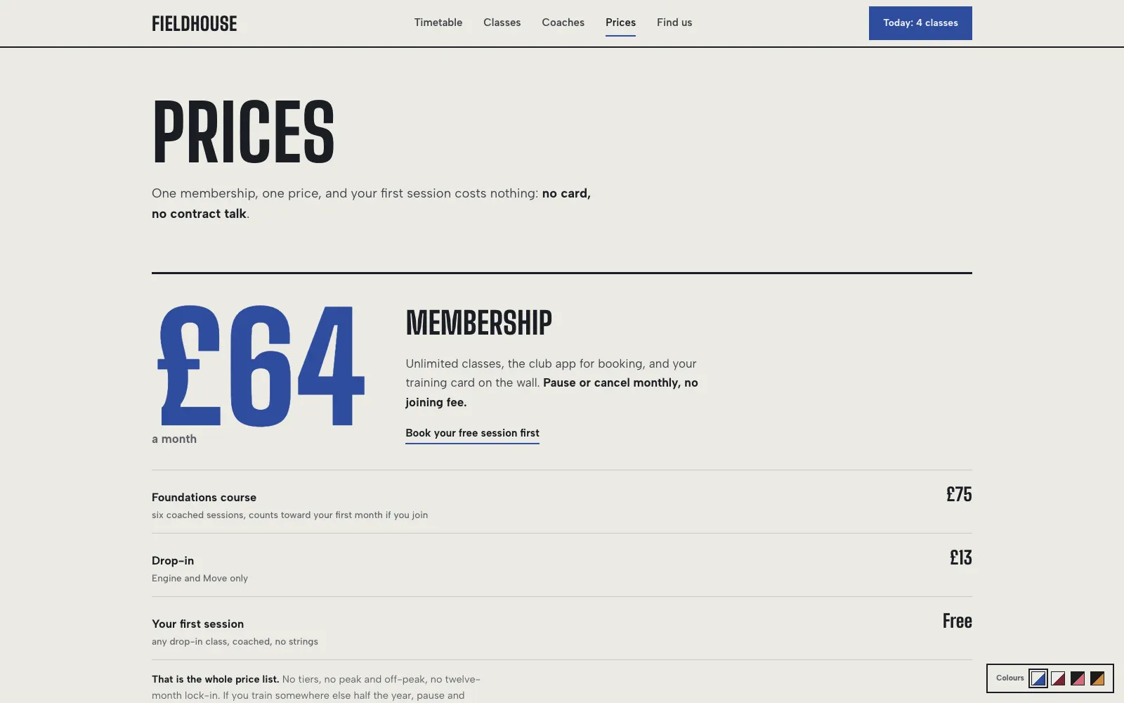 Fieldhouse pricing page showing the monthly membership plus foundations course and drop-in rates