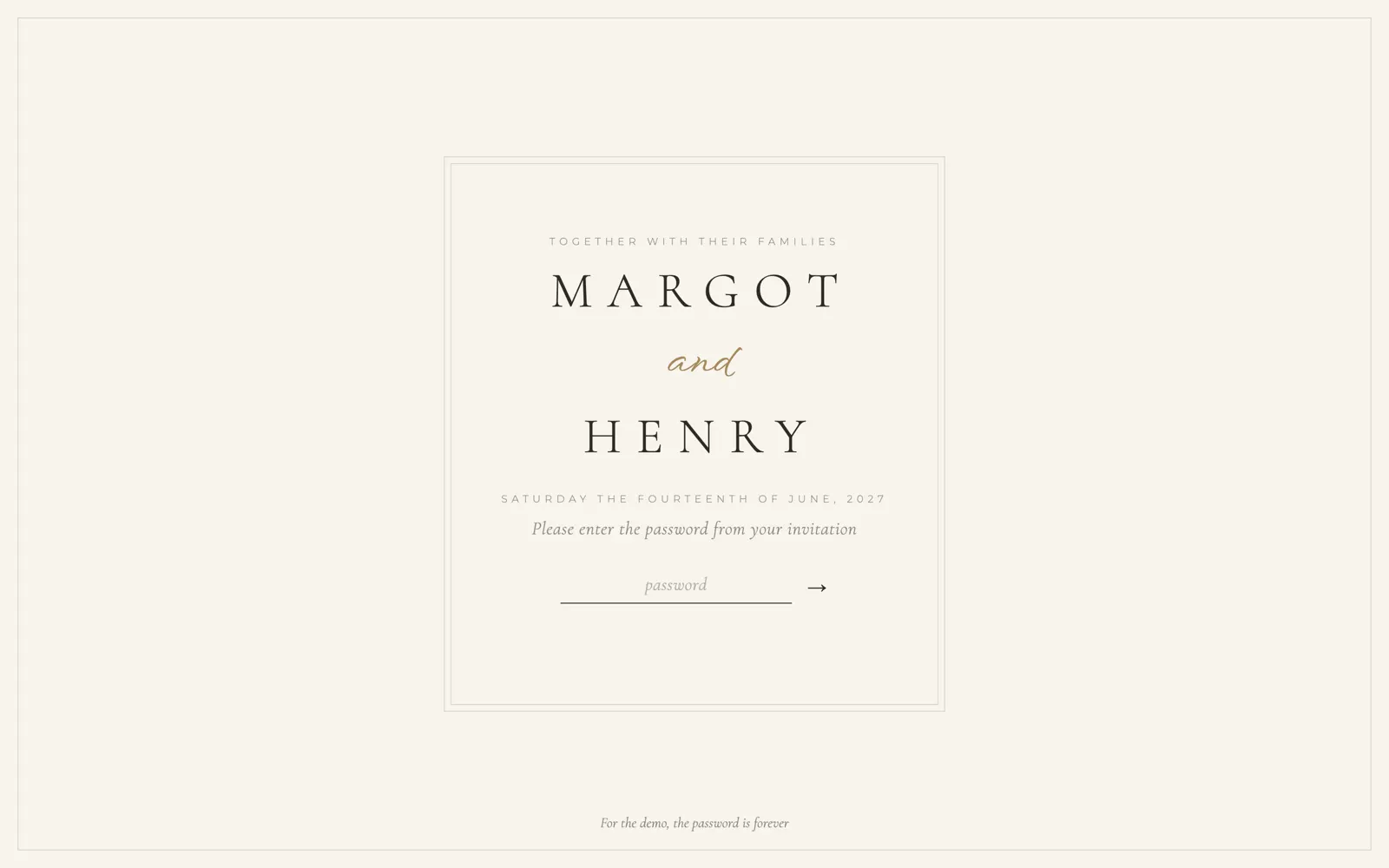 Forever wedding site password gate showing the couple's names Margot and Henry and the date