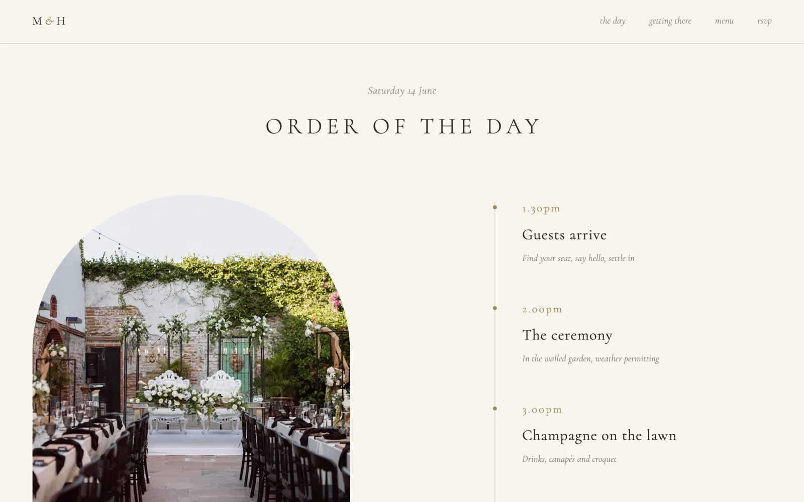 Forever wedding order of the day timeline beside an arched courtyard ceremony photograph