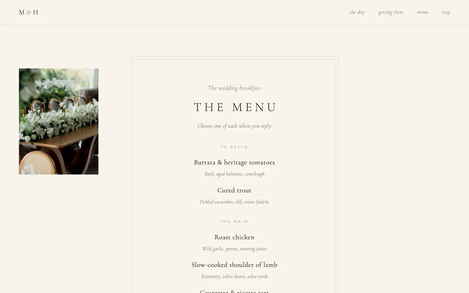 Forever wedding menu page listing starter and main course choices beside a floral table photo
