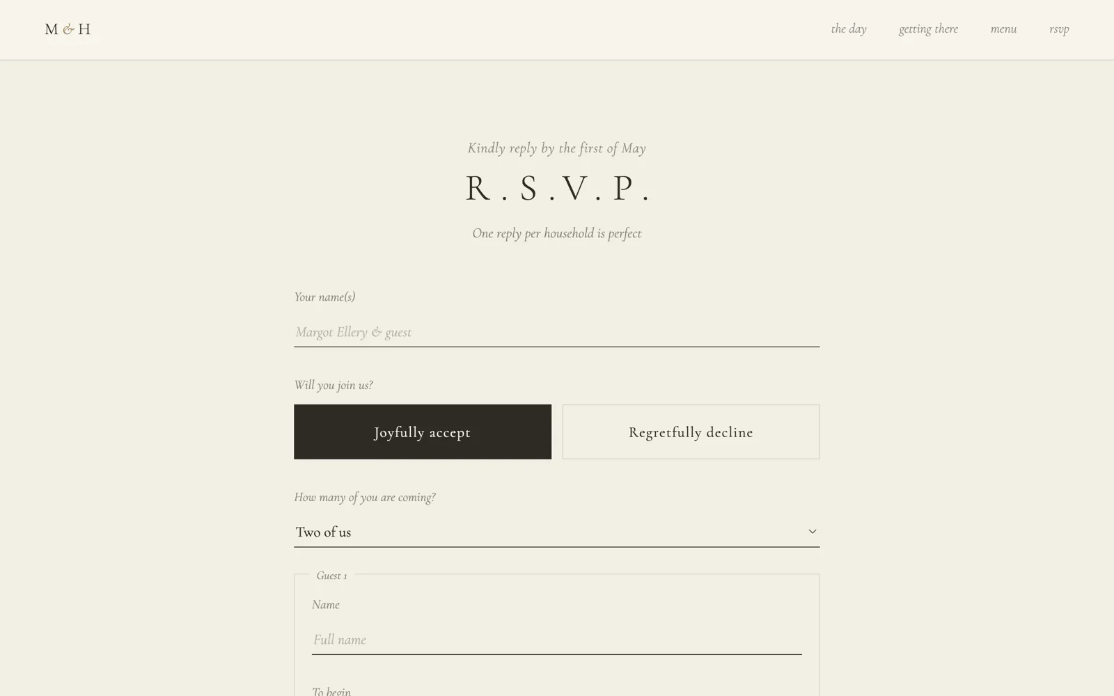 Forever wedding RSVP form with joyfully accept or regretfully decline options and guest fields