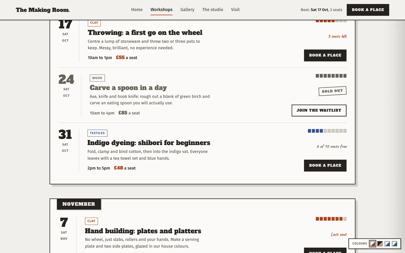 Making Room workshop calendar listing clay, wood and textile sessions with seats remaining