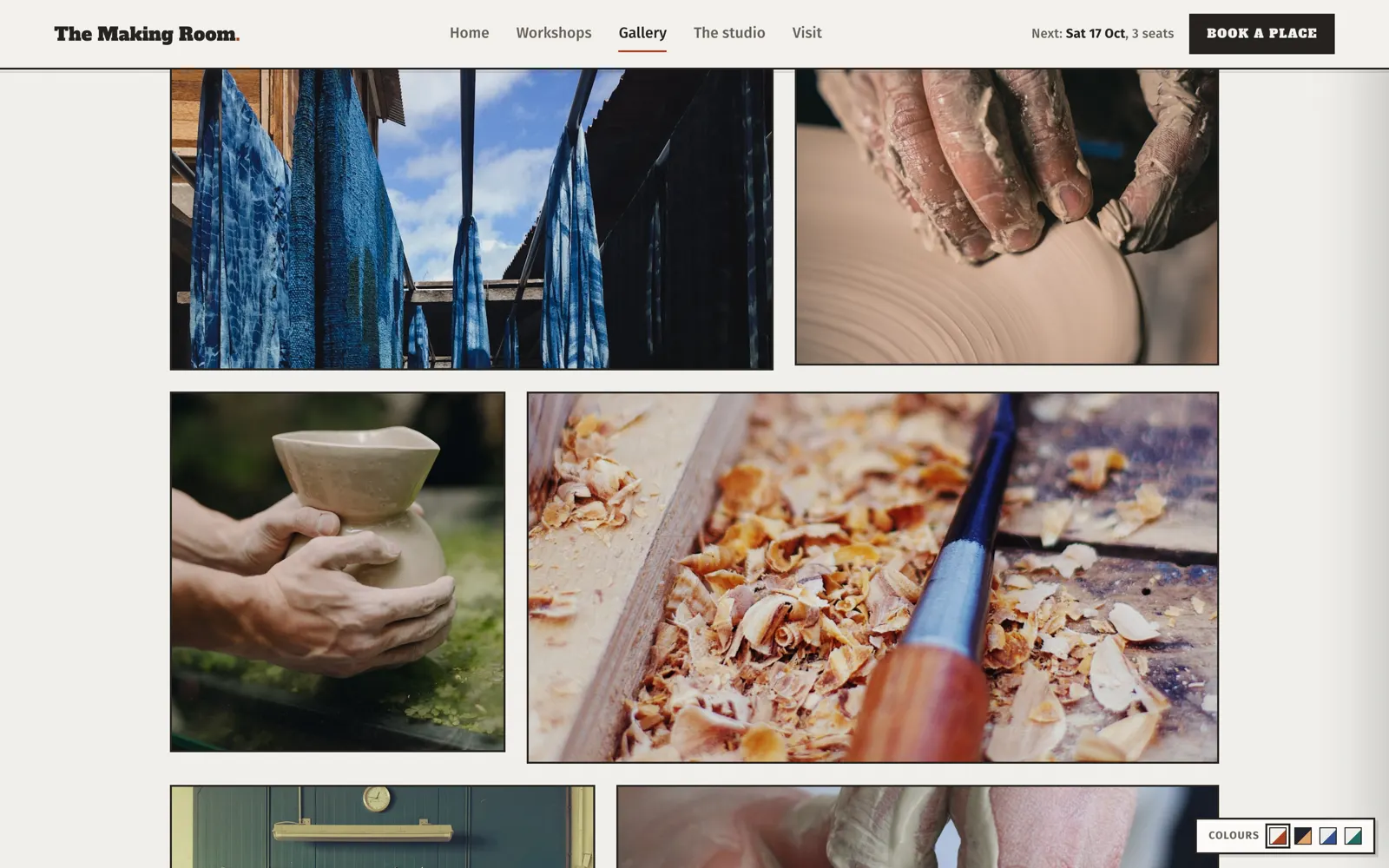 Making Room gallery grid of indigo dyeing, pottery throwing and wood shaving craft photos