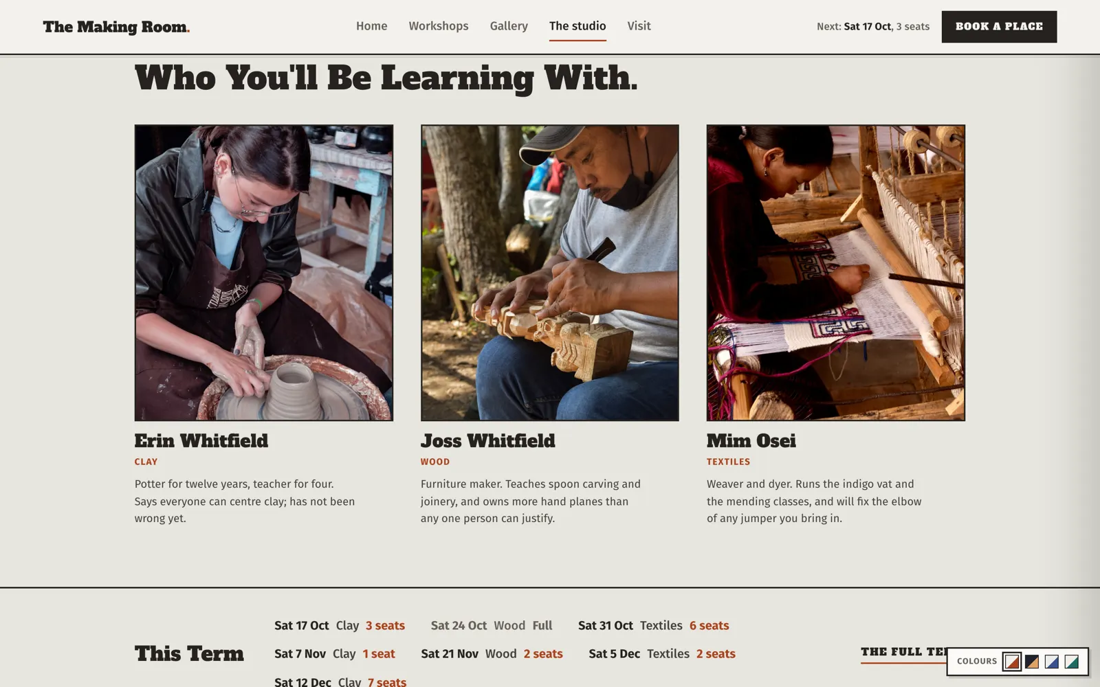 Making Room studio page introducing tutors Erin Whitfield, Joss Whitfield and Mim Osei