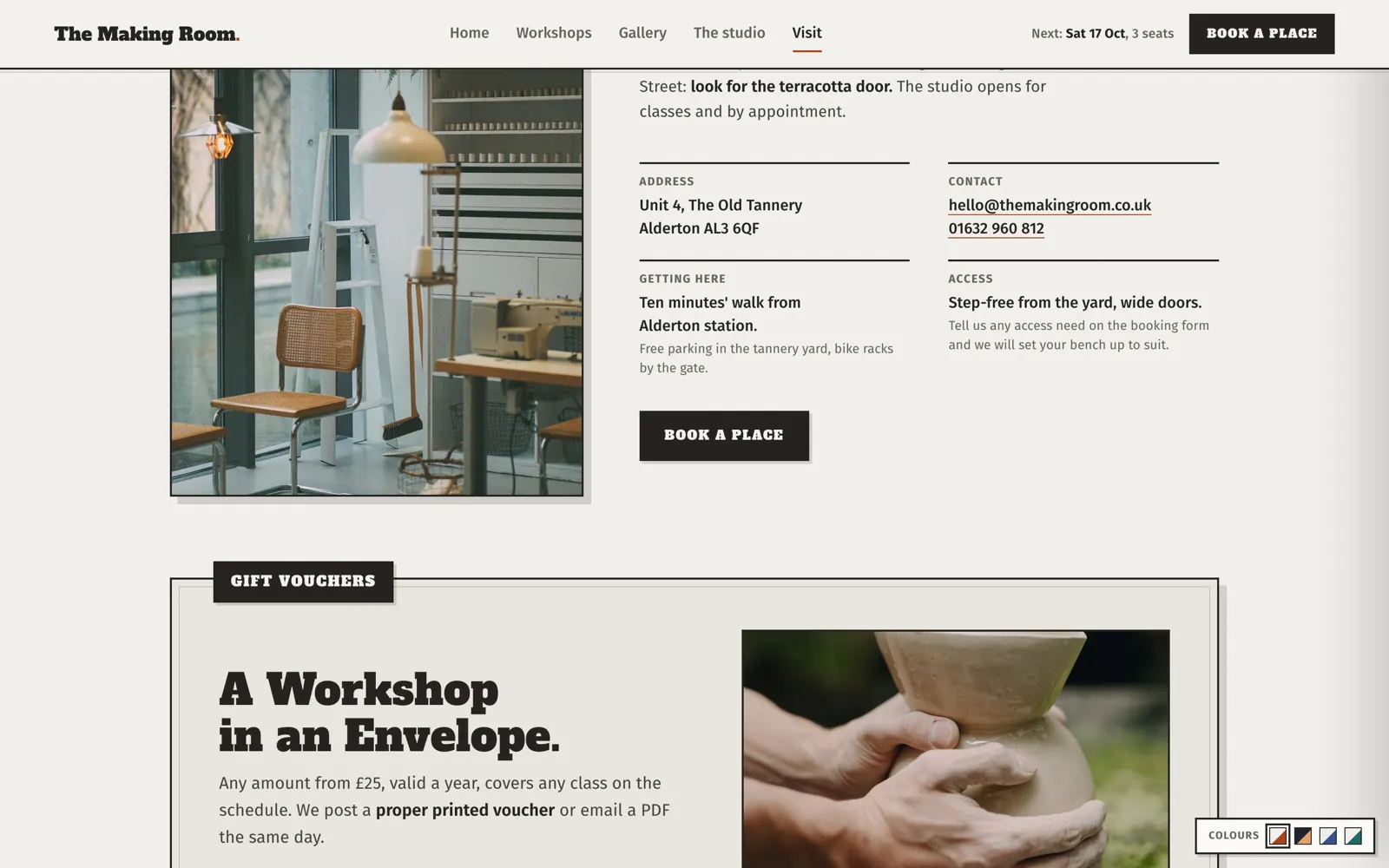 Making Room visit page with studio address, access details and a gift voucher section