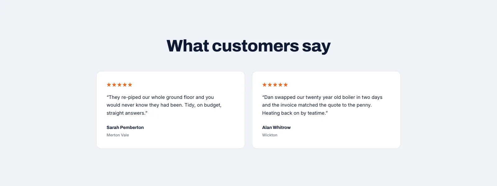 Marsden customer reviews section with two five star testimonials from named local customers