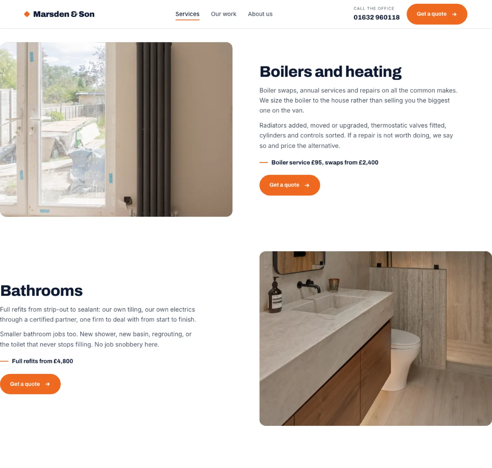 Marsden services page detailing boiler and bathroom work with pricing and a Get a quote button