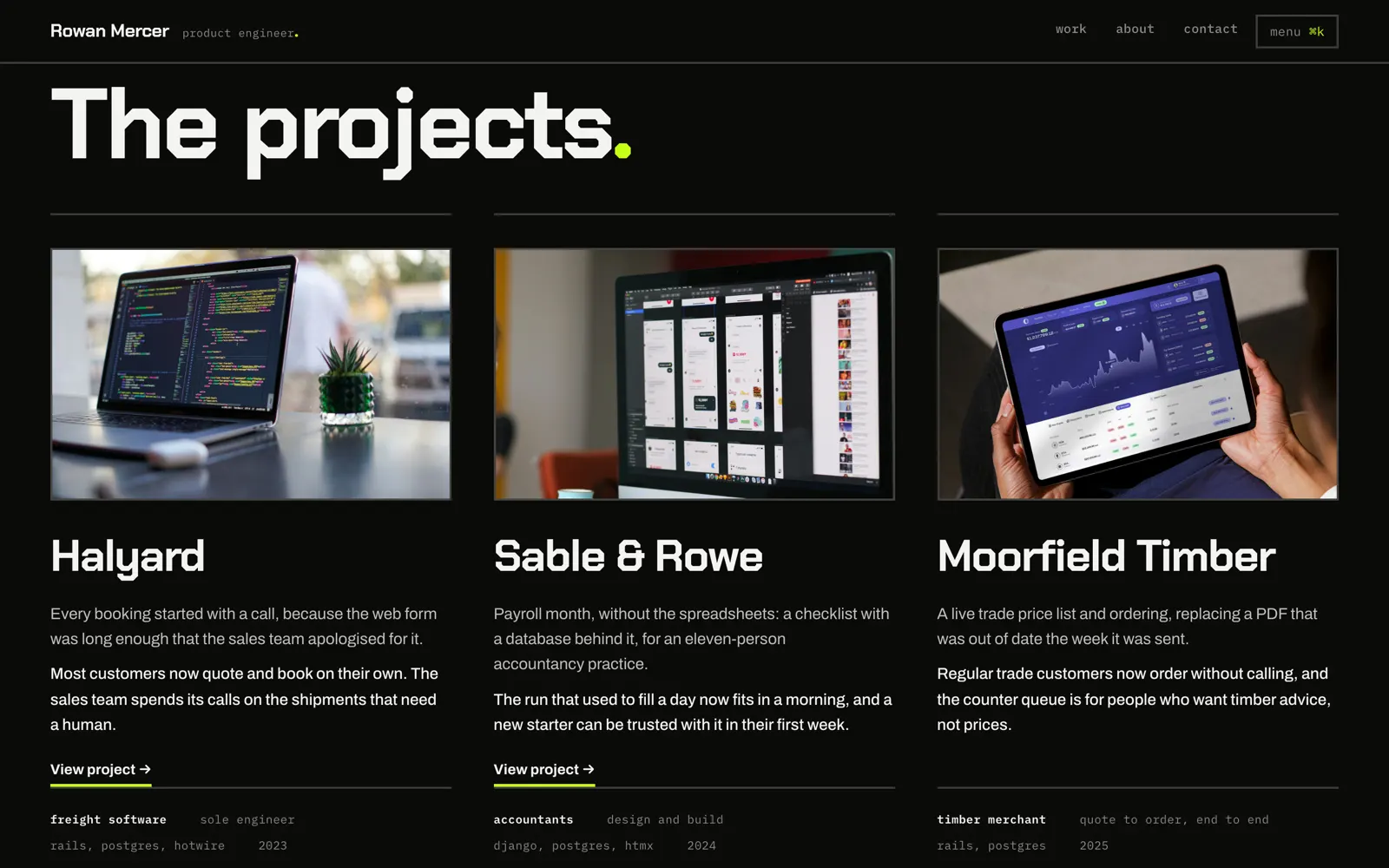 Mercer portfolio page listing three projects, Halyard, Sable & Rowe and Moorfield Timber
