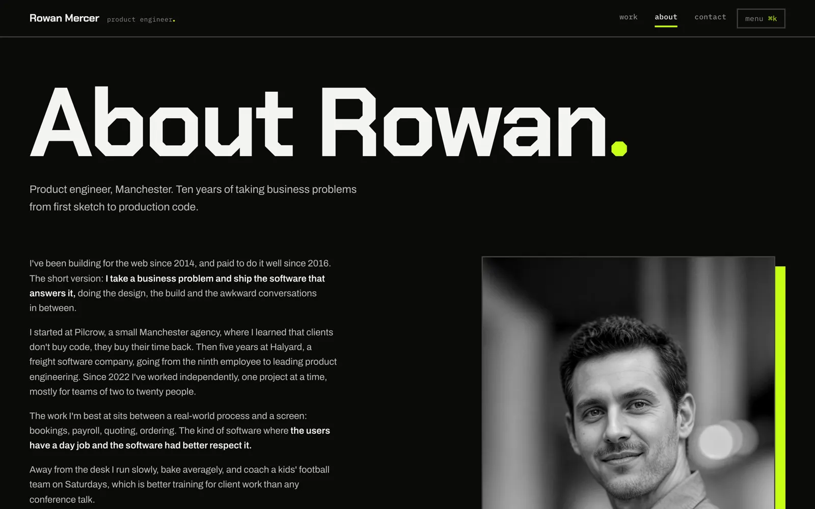 Mercer about page with Rowan's biography text beside a black and white portrait photo