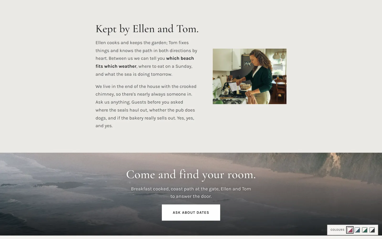 Pilot hosts section introducing Ellen and Tom above a coastal banner with an Ask about dates button