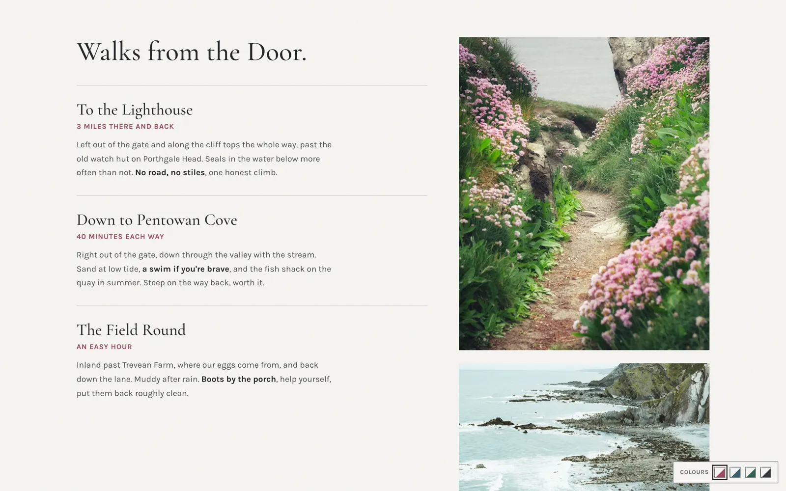 Pilot local walks page listing three coastal routes beside photos of a flower lined cliff path