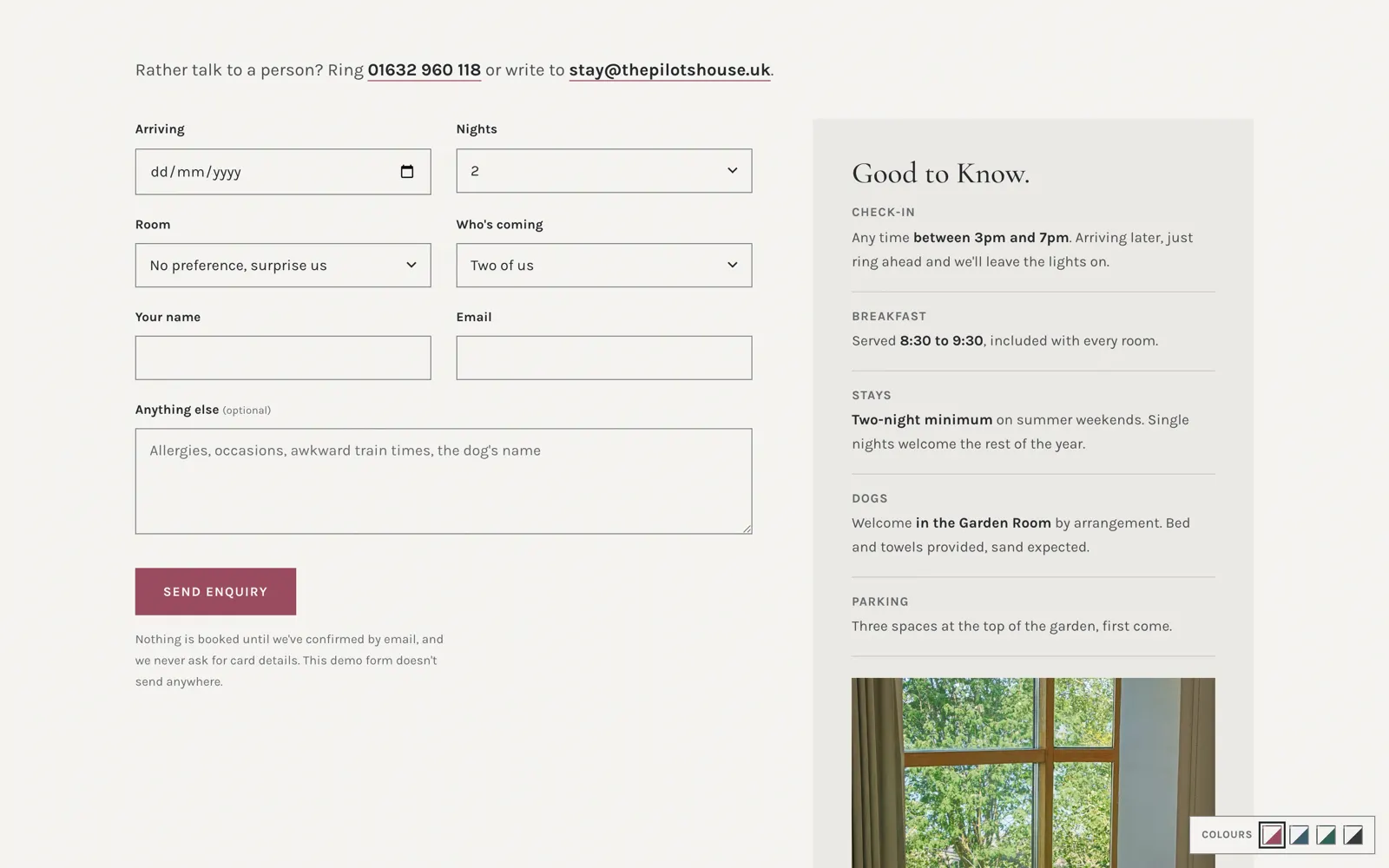 Pilot booking enquiry form alongside a Good to Know sidebar on check-in, breakfast and parking