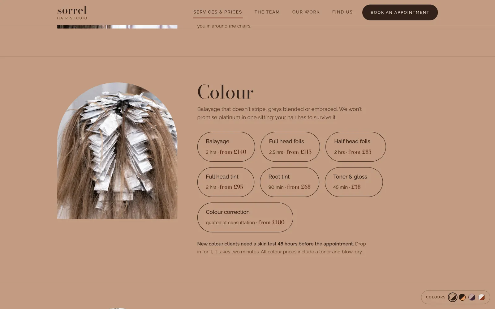 Sorrel colour services menu listing foil and tint treatments with durations and prices