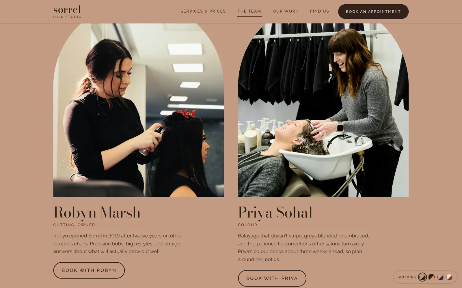 Sorrel team profiles for stylists Robyn Marsh and Priya Sohal, each with a booking button