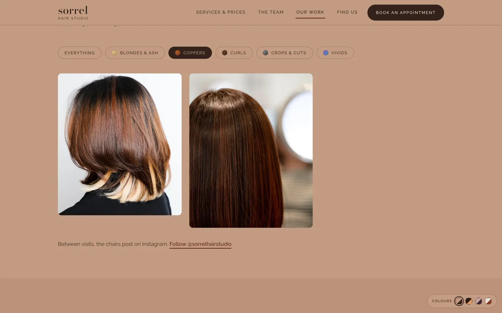 Sorrel work gallery filtered by hair colour category, showing copper-tone transformation photos