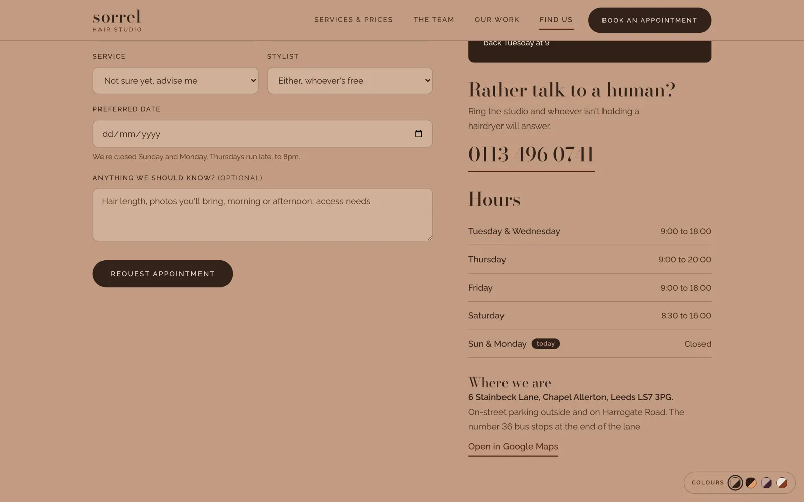 Sorrel appointment booking form with service and stylist dropdowns alongside opening hours