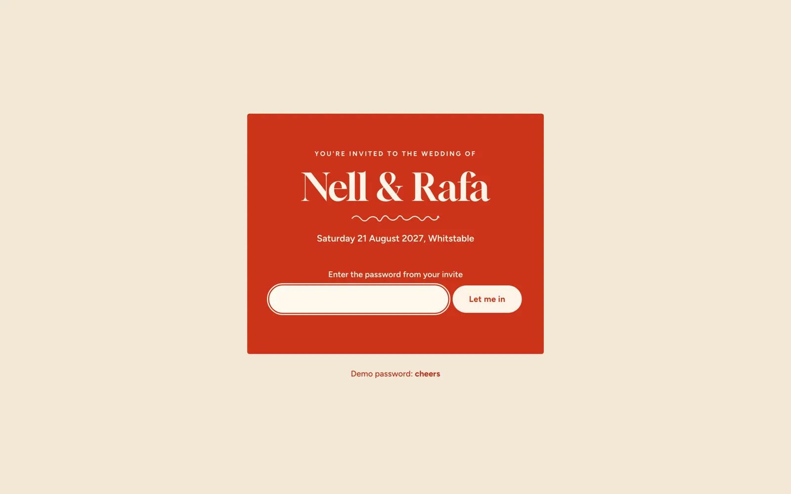 Spritz wedding site password gate in bold red showing the couple's names Nell and Rafa and the date