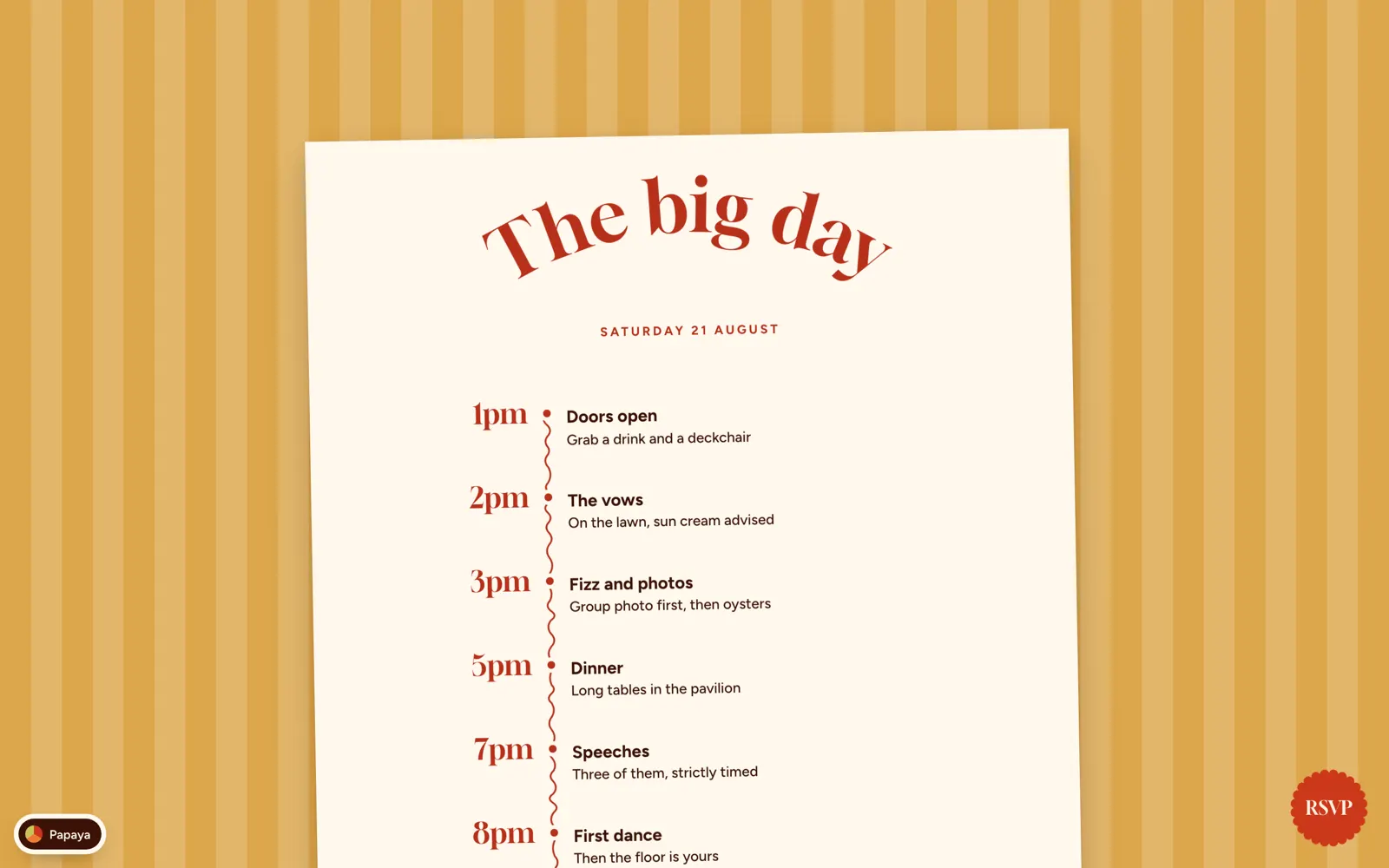 Spritz wedding schedule poster titled The Big Day listing timed events on a striped background