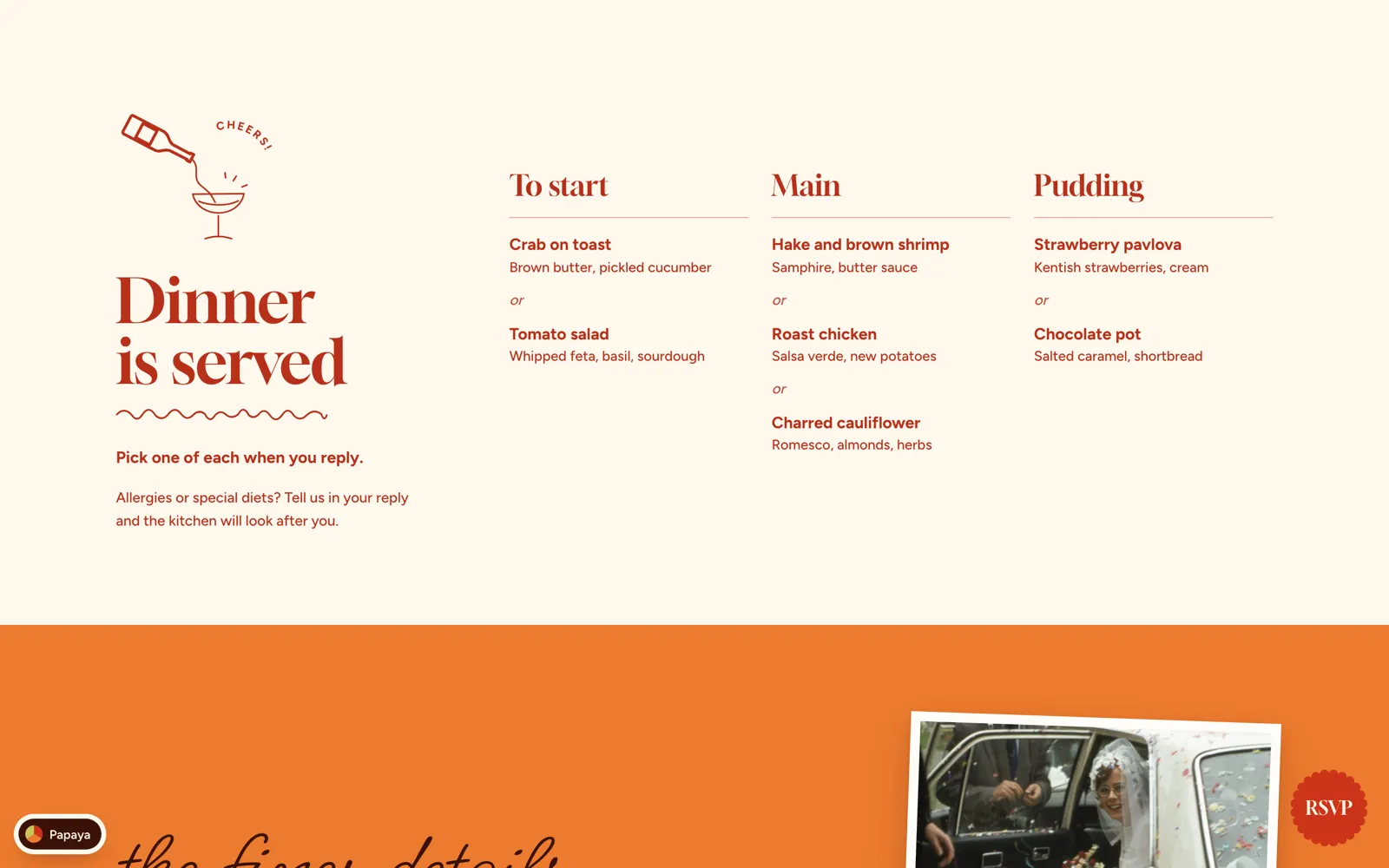 Spritz wedding dinner menu page titled Dinner Is Served listing starter, main and pudding choices
