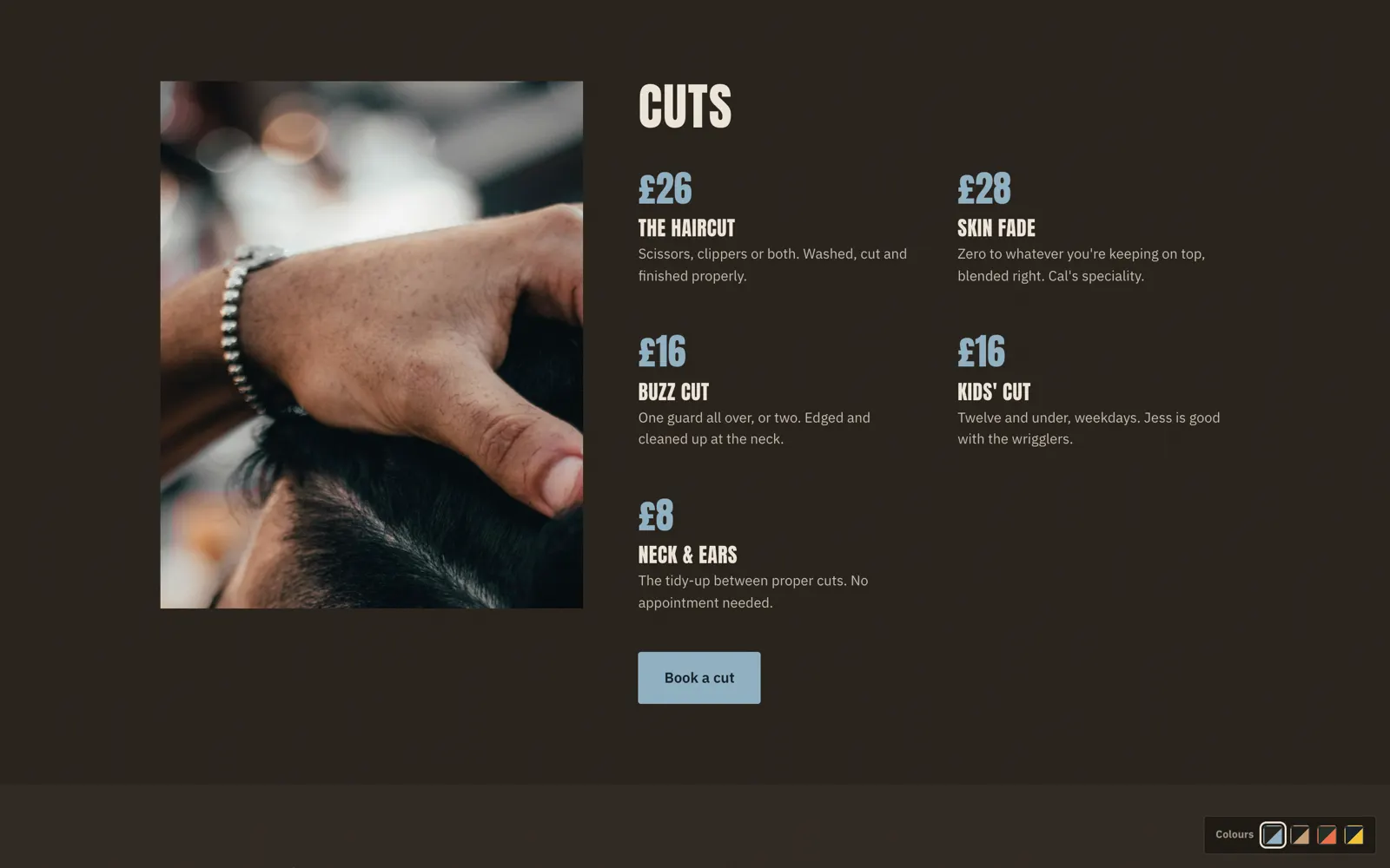 Stanton price list for cuts, haircut, skin fade, buzz cut and kids' cut, with a Book a cut button