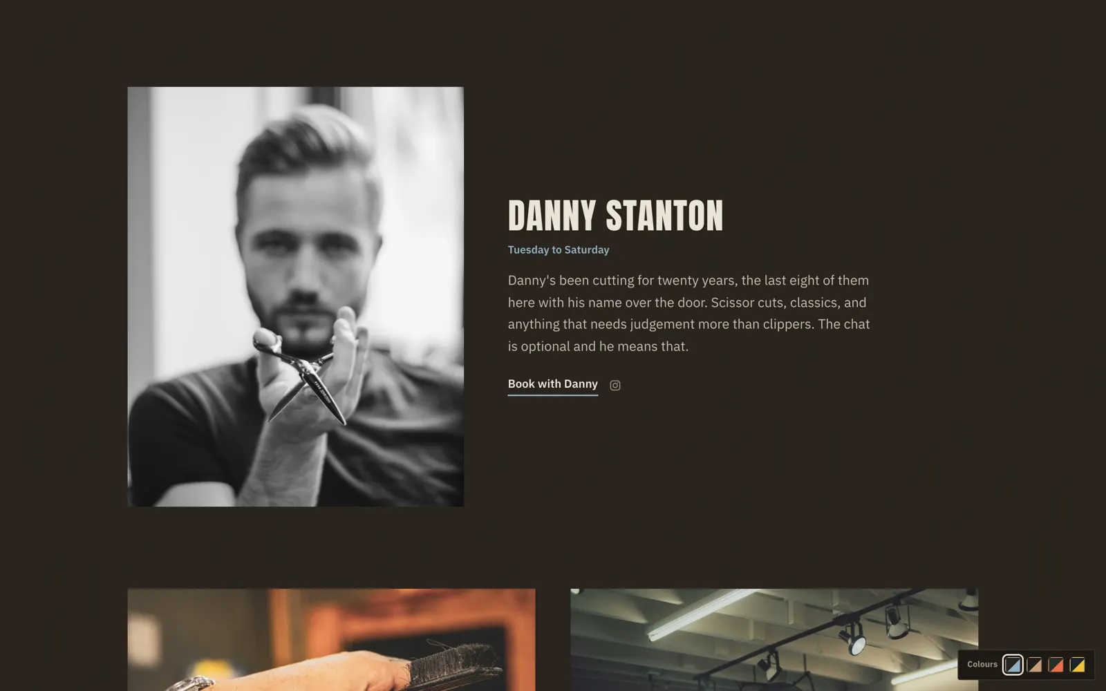 Stanton barber profile for Danny Stanton, scissors in hand, with his bio and a booking link