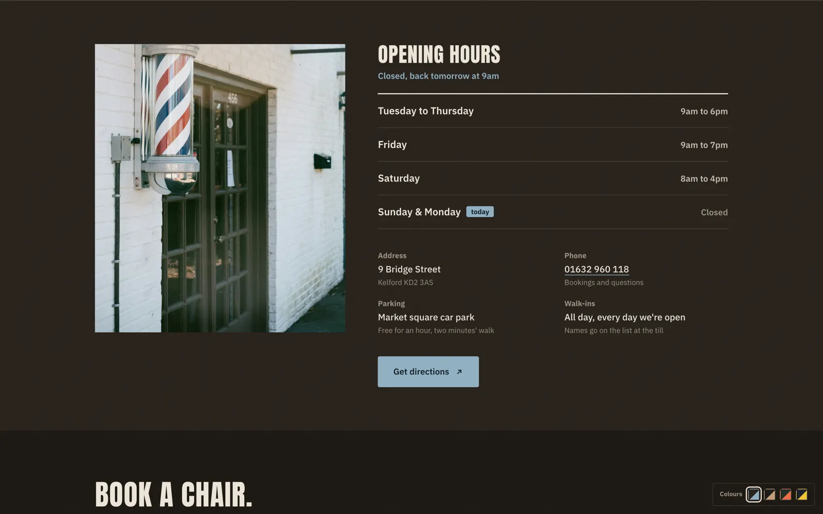 Stanton opening hours and address details, with a Book a chair banner below