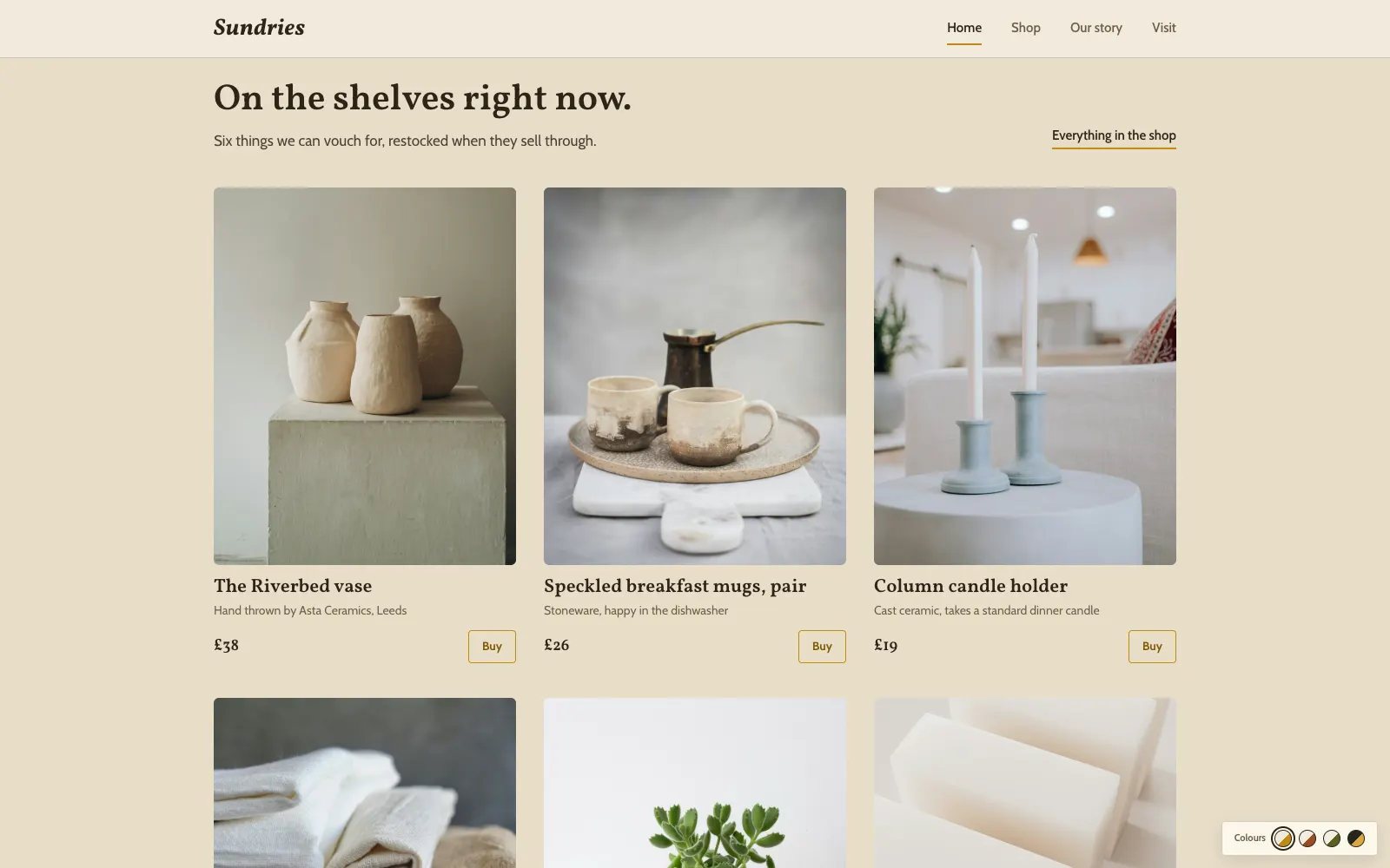 Sundries homepage product grid featuring the Riverbed vase, speckled mugs and a candle holder