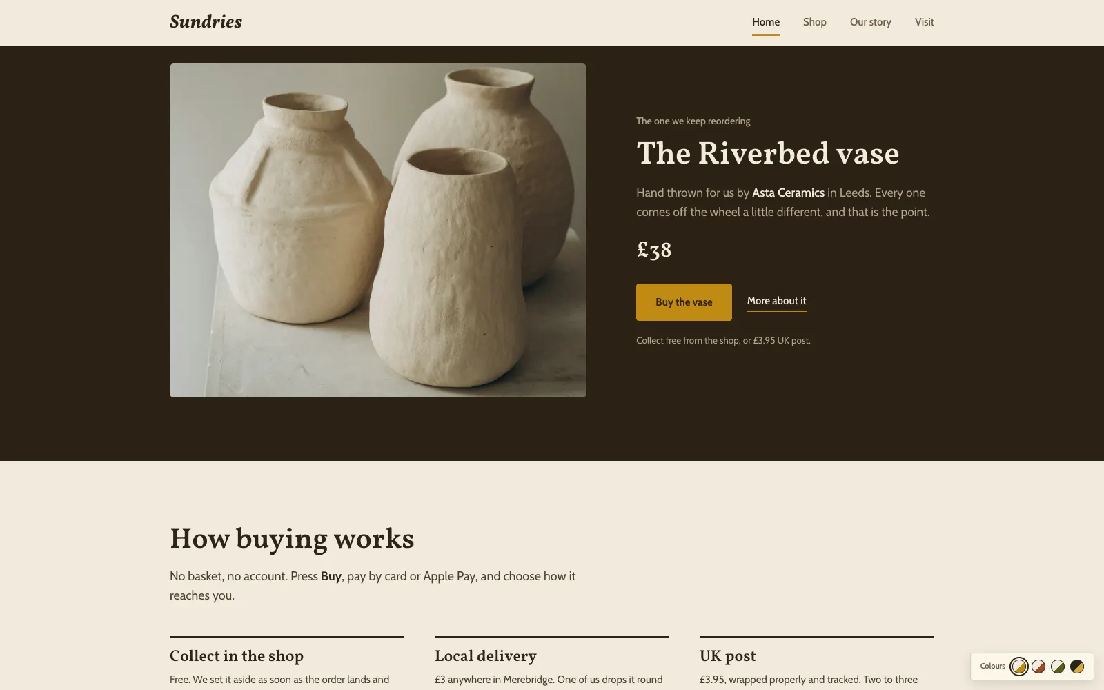 Sundries product page spotlighting the handmade Riverbed vase with price and buy button