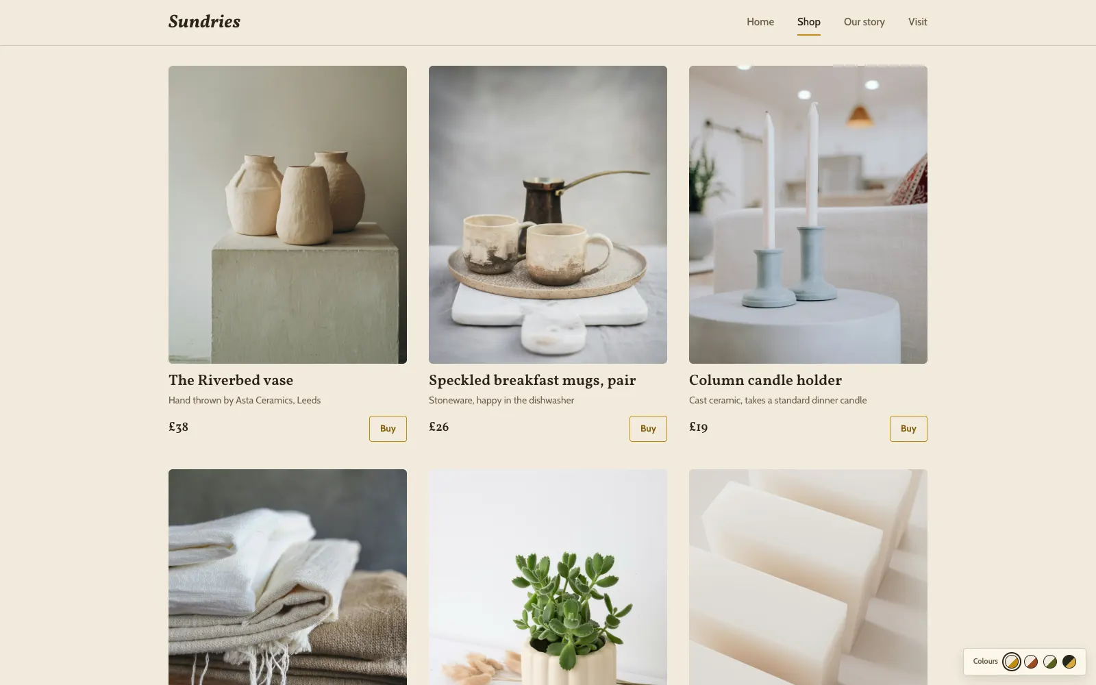Sundries shop page grid of ceramic and homeware products with prices and buy buttons