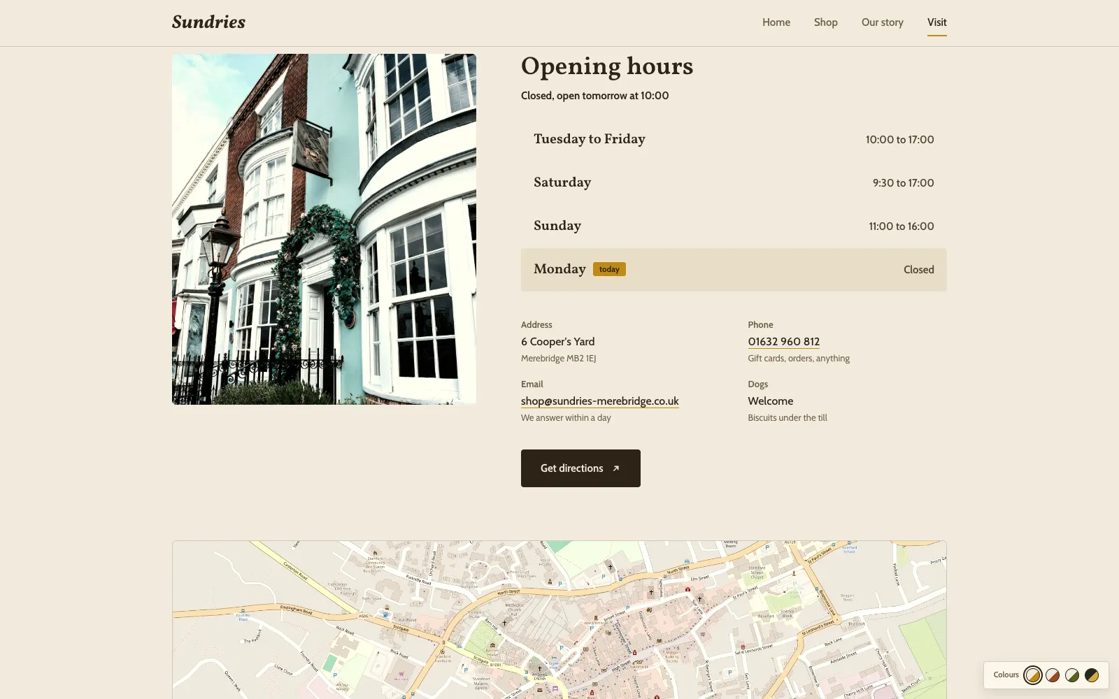 Sundries visit page showing shop opening hours, address and a street map location